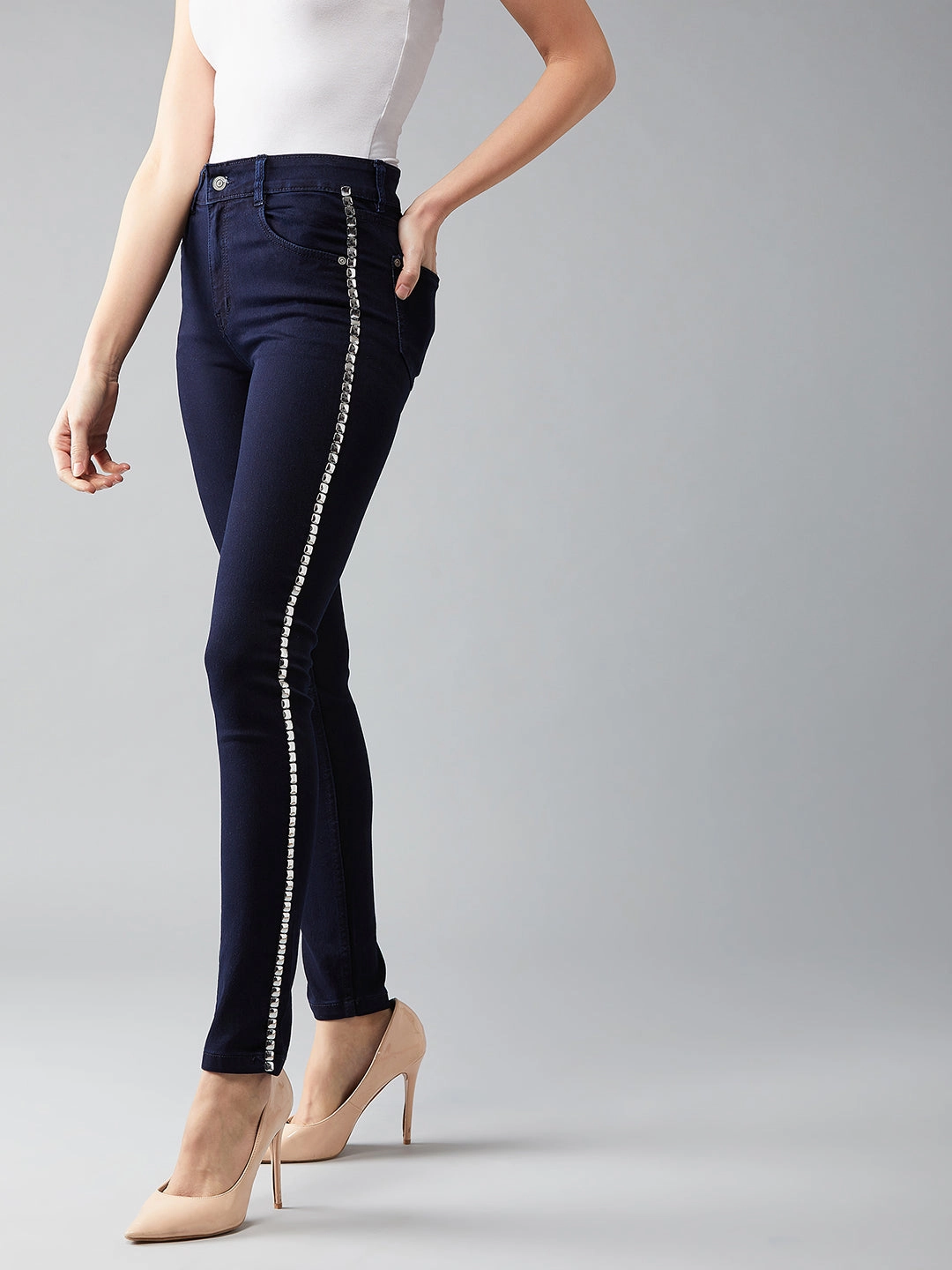Women's Navy-Blue Skinny-Fit Mid-Rise Metal Tape Detailing Stretchable Denim Jeans Office Casual Move With Ease