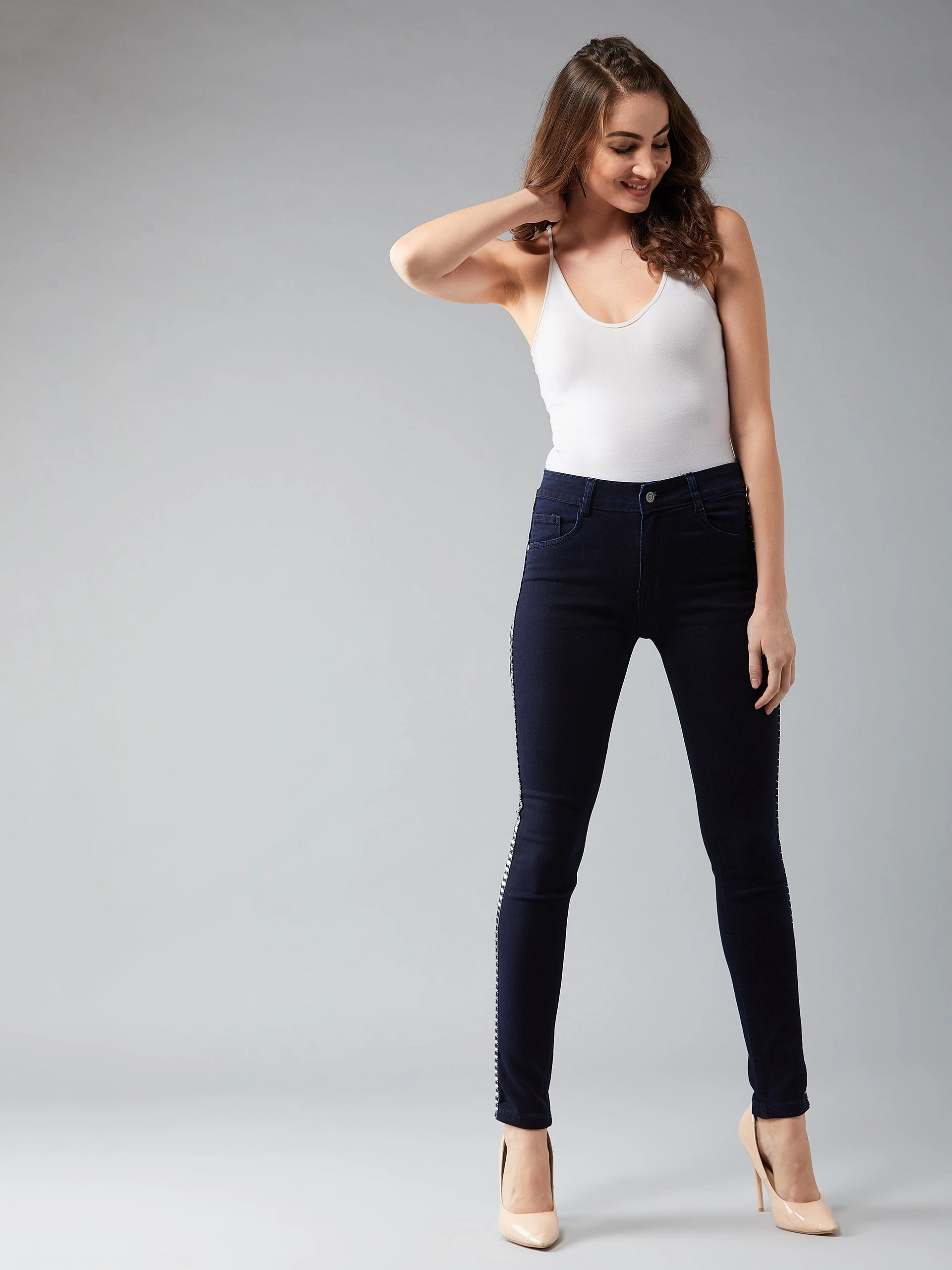 Layer Ready Women's Navy-Blue Skinny-Fit Mid-Rise Metal Tape Detailing Stretchable Denim Jeans