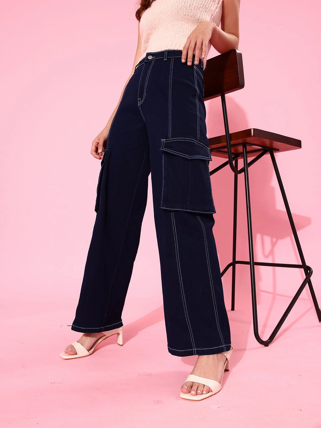 24/7 Comfort Navy Blue Wide-Leg Cargo High-Rise Stretchable Baggy Denim Jeans Lightweight Earthy Nature Lover Sunny Vibes Rainy Day Shopping Day