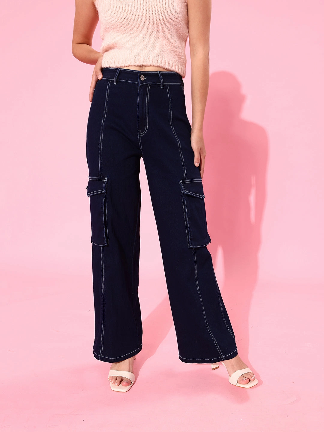 24/7 Comfort Navy Blue Wide-Leg Cargo High-Rise Stretchable Baggy Denim Jeans Customizable length