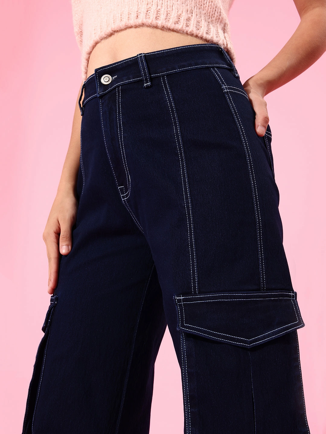 24/7 Comfort Navy Blue Wide-Leg Cargo High-Rise Stretchable Baggy Denim Jeans Daily Uniform