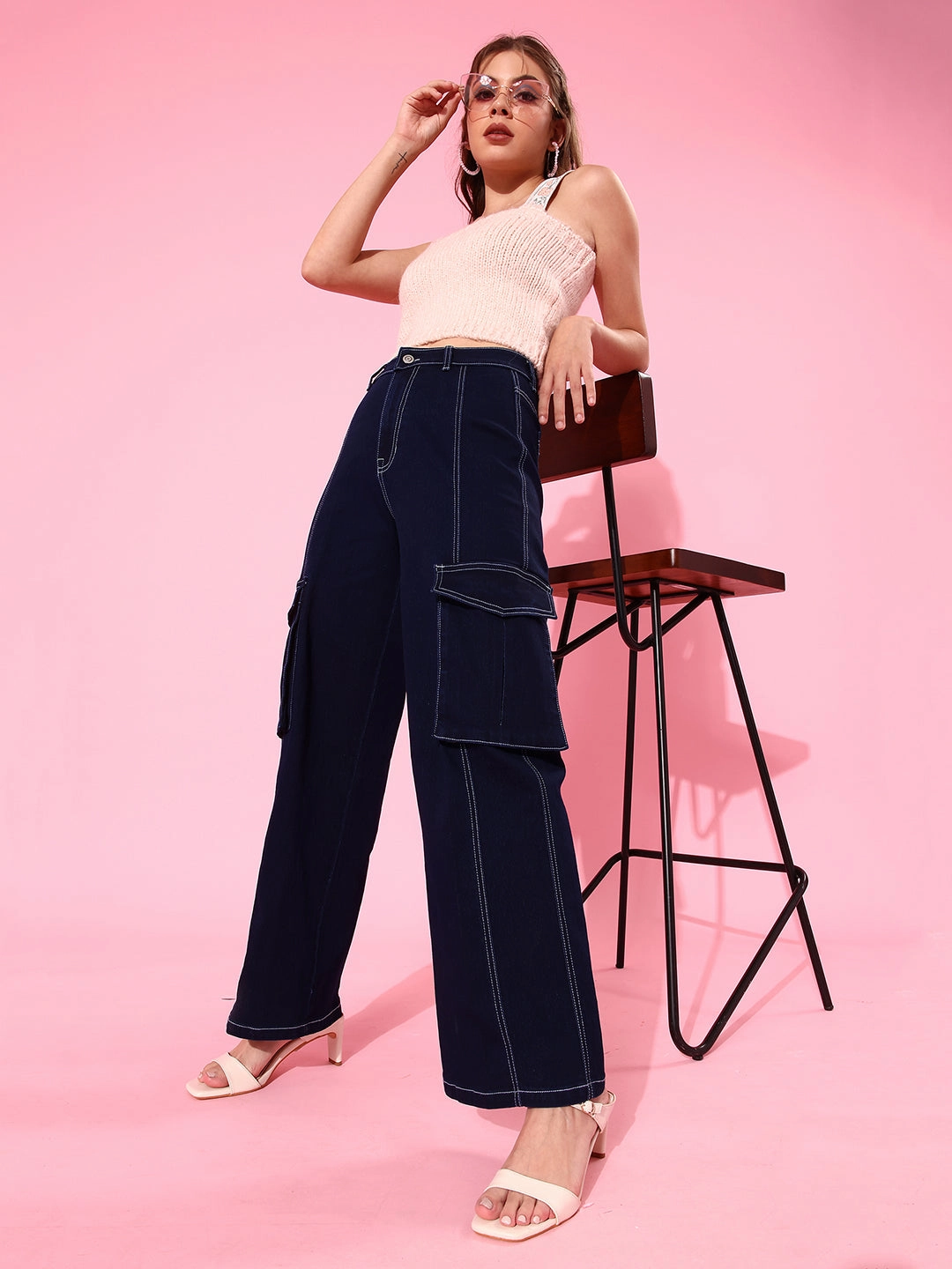 24/7 Comfort Navy Blue Wide-Leg Cargo High-Rise Stretchable Baggy Denim Jeans Classic Wear Slim Unfaded Hemline