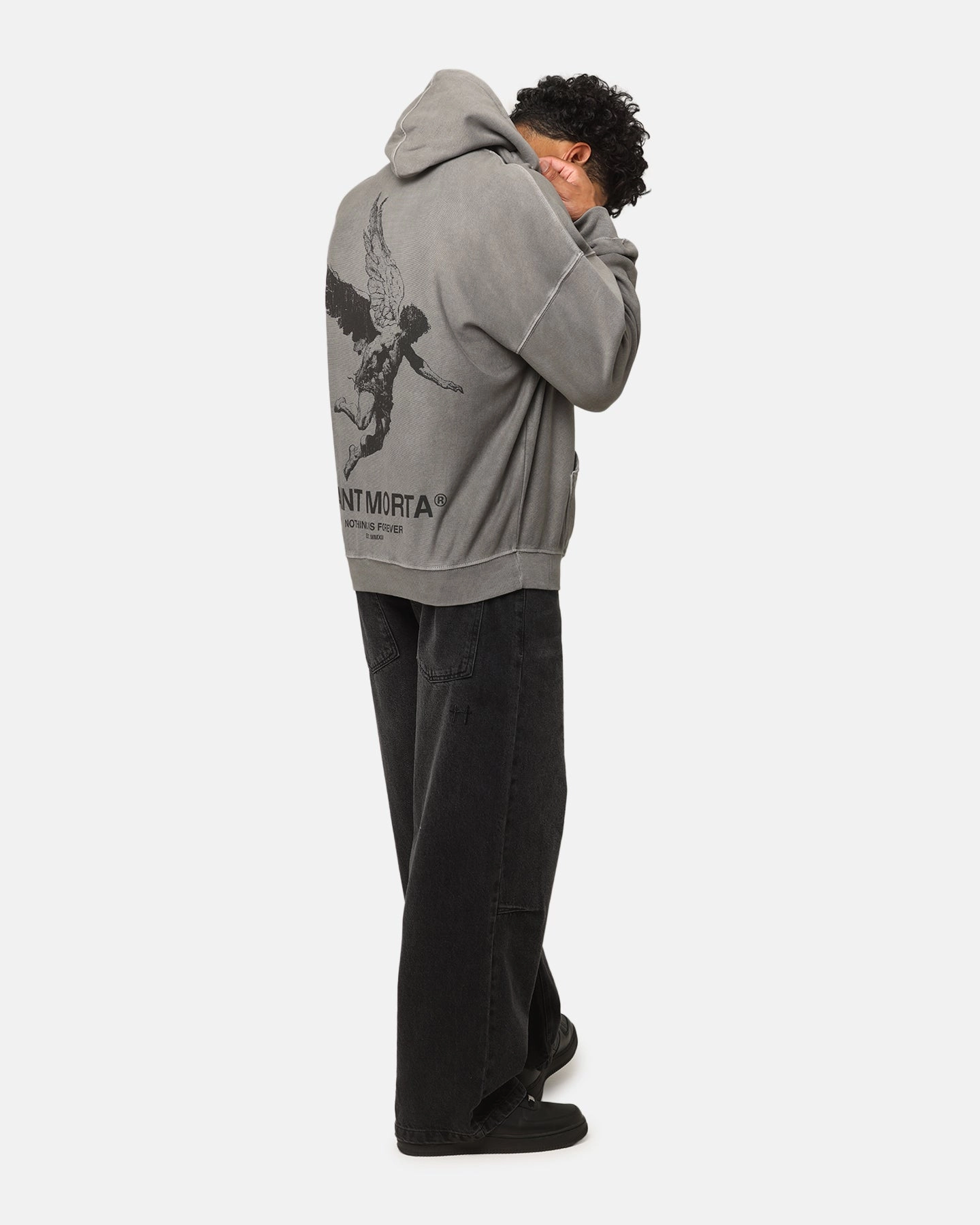 Saint Morta Nothing Is Forever Boxy Hoodie Washed Charcoal Flexible Ribbed Cuffs