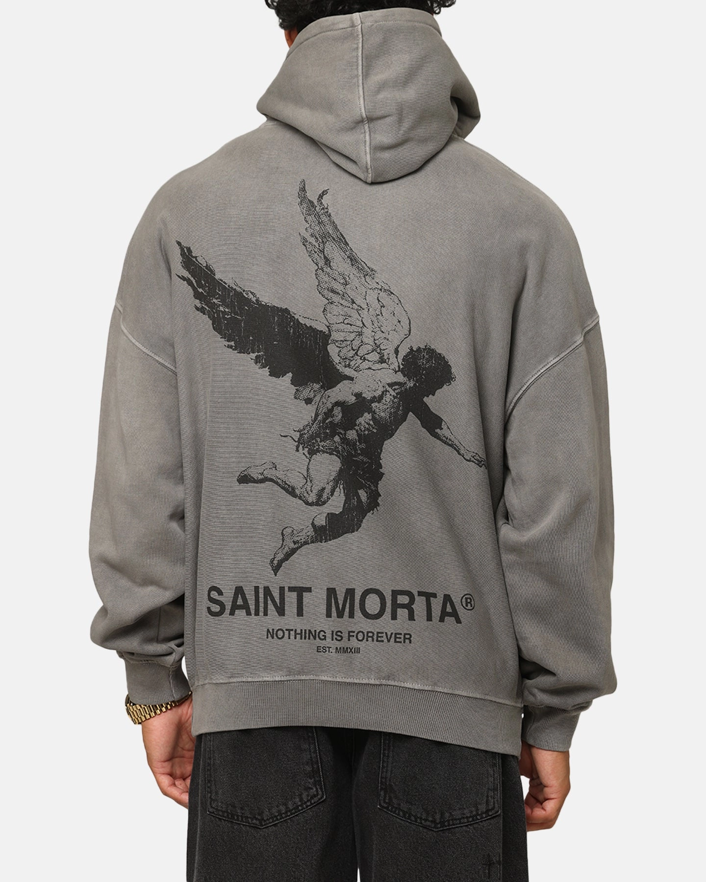 NoTagLabel Layered Placket Design Saint Morta Nothing Is Forever Boxy Hoodie Washed Charcoal