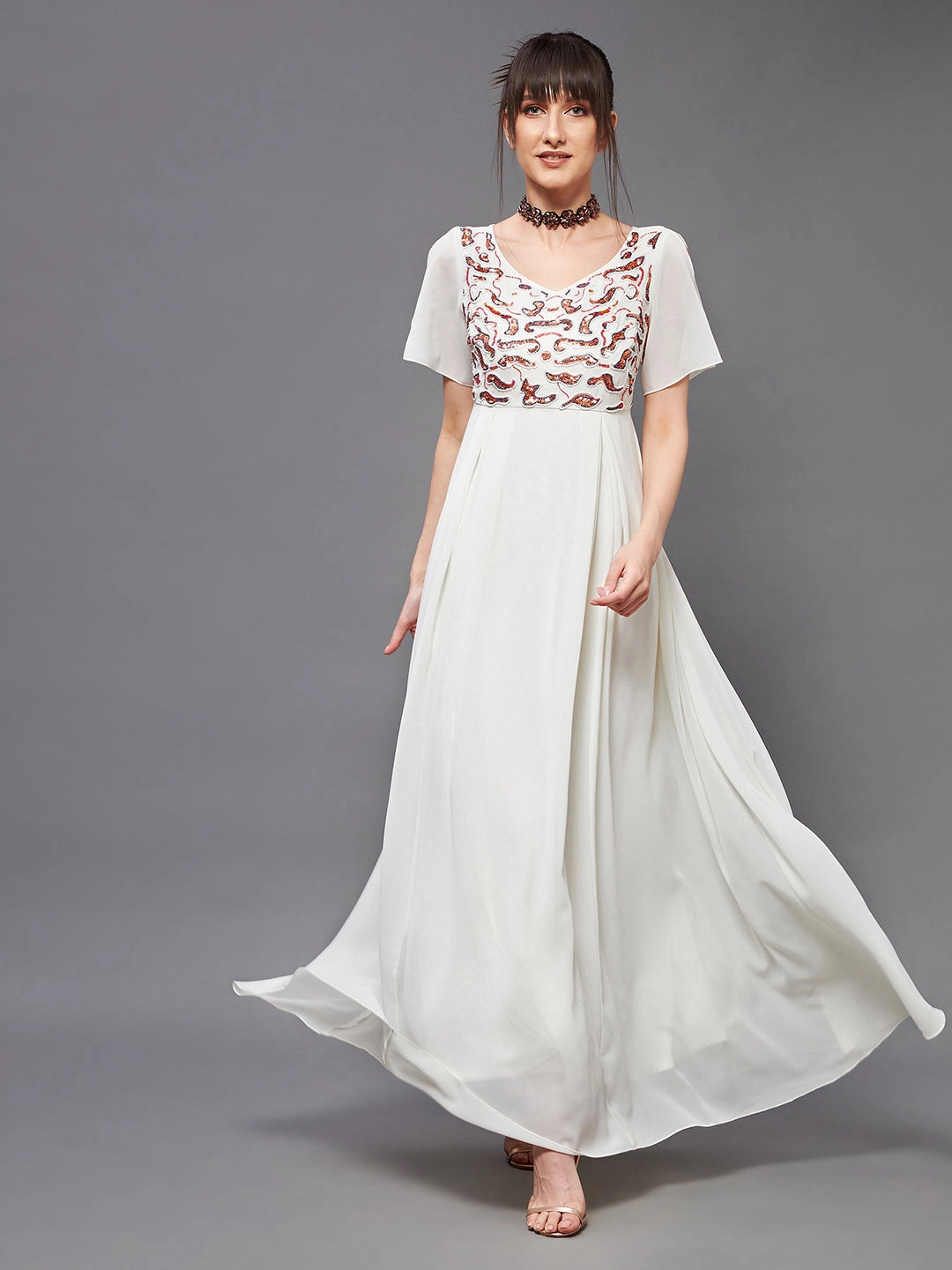 Women's Off White V-Neck Short Slit Sleeve Embroidered Embellished Georgette Maxi Dress Flutter-Sleeve