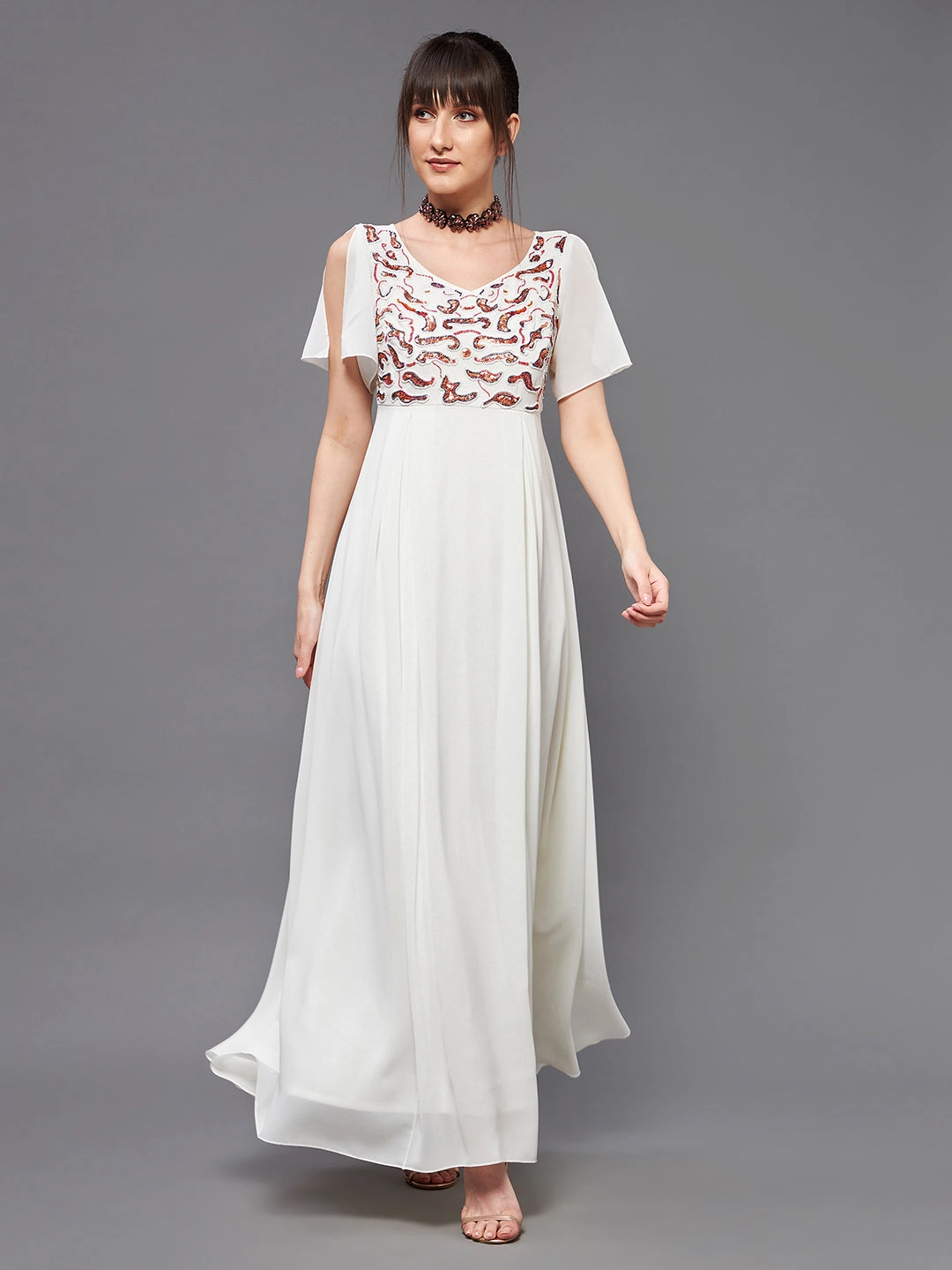 Women's Off White V-Neck Short Slit Sleeve Embroidered Embellished Georgette Maxi Dress Flattering Cut Wear Flowy Layers