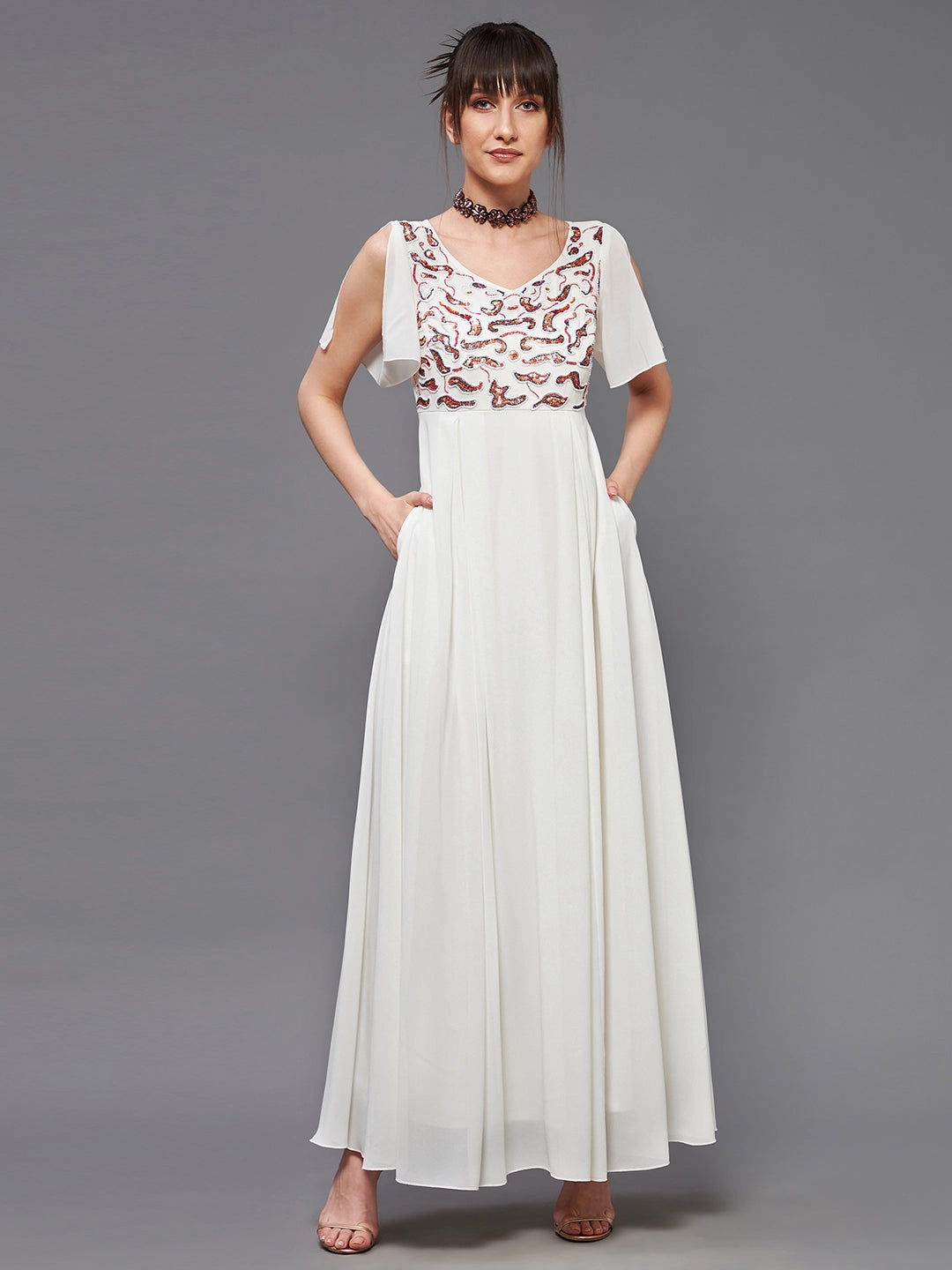 Classic Movement Women's Off White V-Neck Short Slit Sleeve Embroidered Embellished Georgette Maxi Dress