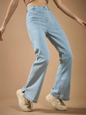 24/7 Comfort Light Blue Bootcut High-Rise Stretchable Denim Jeans Textured Smart Casual Road Trip Travel Outfit Evening Stroll Minimalist