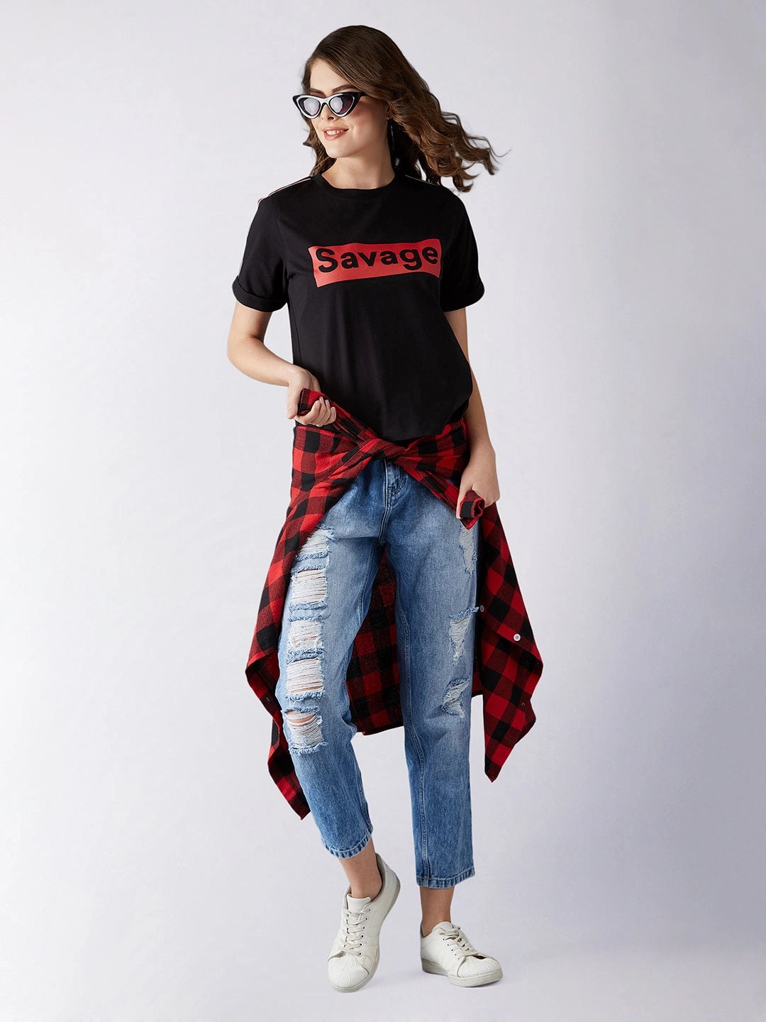 Women's Black Round Neck Short Sleeve Printed Cropped T-Shirt summer top