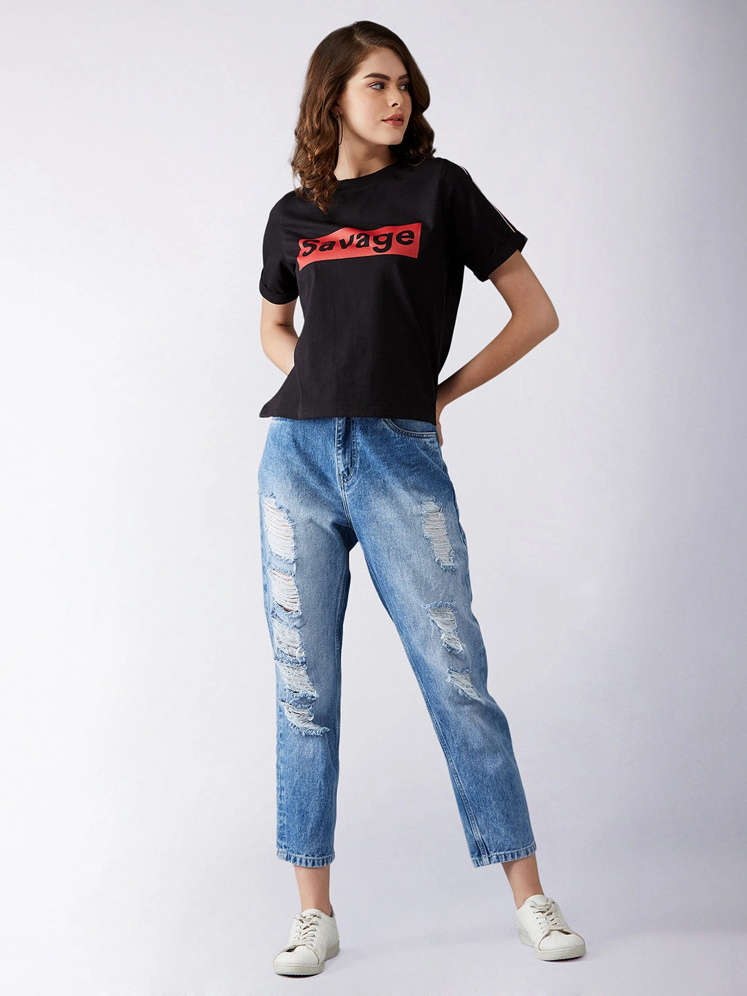 Women's Black Round Neck Short Sleeve Printed Cropped T-Shirt Relaxed Design