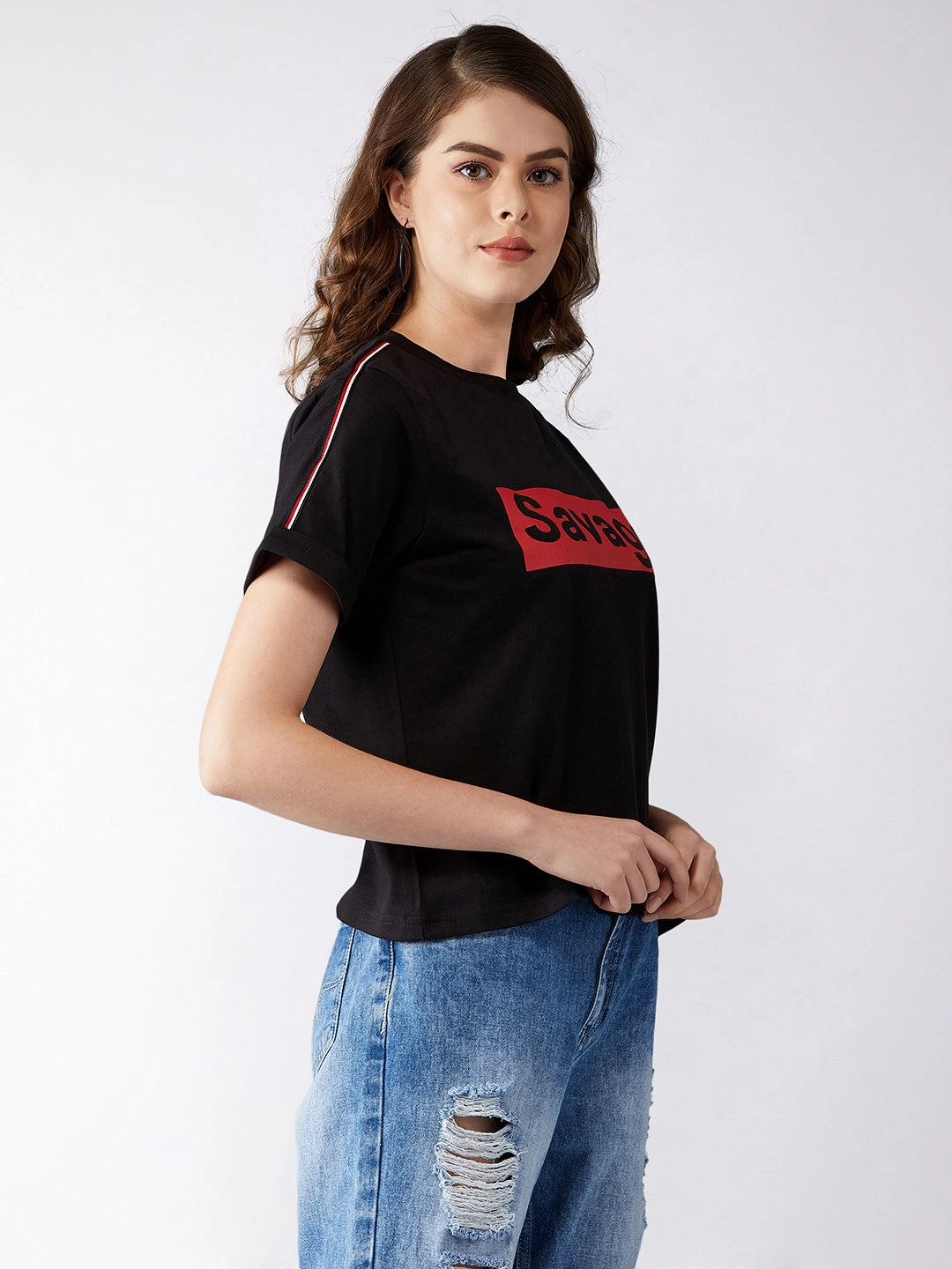 Women's Black Round Neck Short Sleeve Printed Cropped T-Shirt Soft Material Minimalist Silhouette