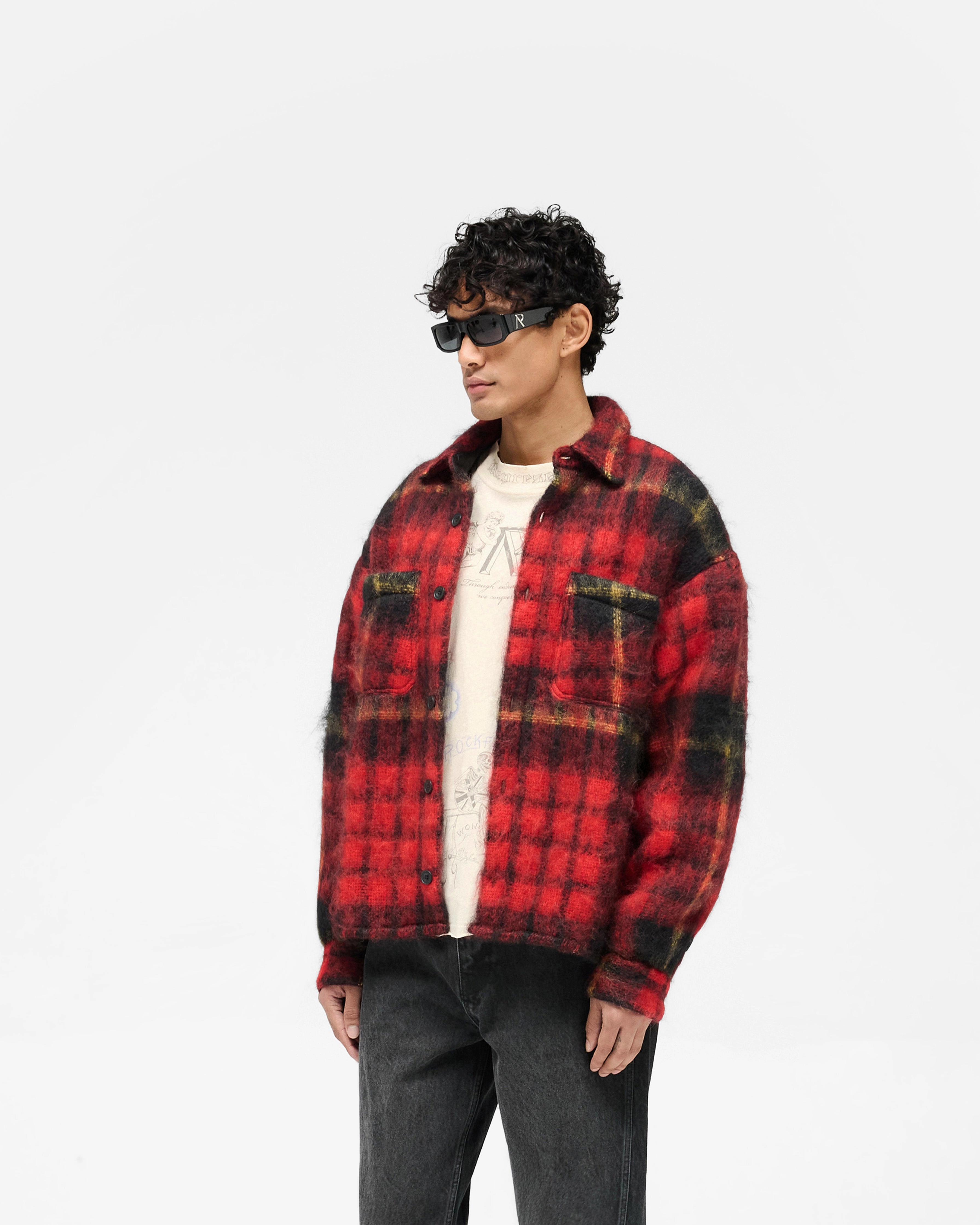 Versatile Layering Piece Mohair Overshirt - Red Check