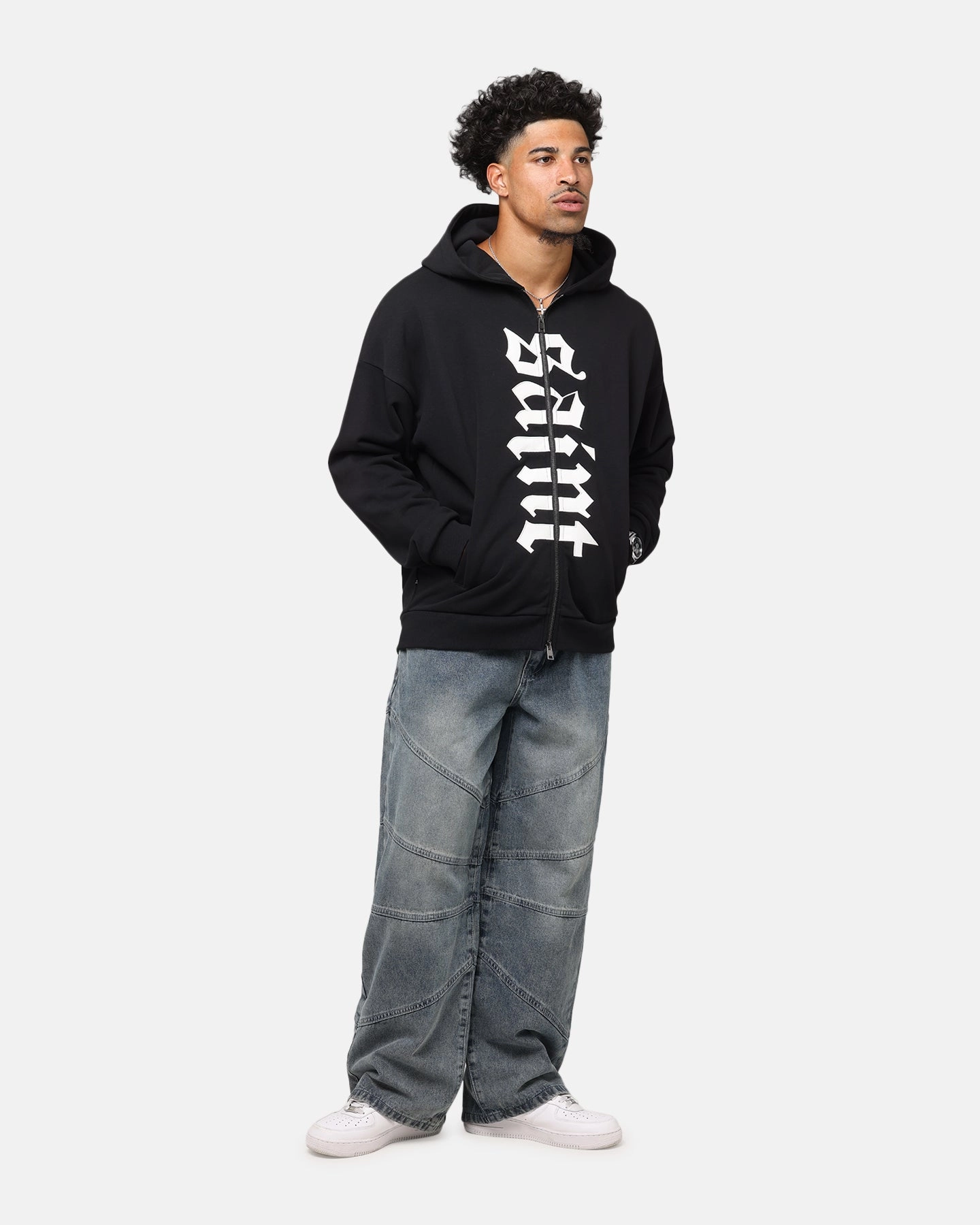 Saint Morta Gothic Distressed Zip Hoodie Black TwillWeave Casual Button-Down