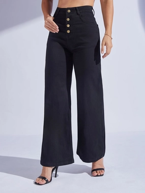 Women's Black Wide Leg High-Rise Stretchable Denim Jeans Beach Day Winter Warmth Classic