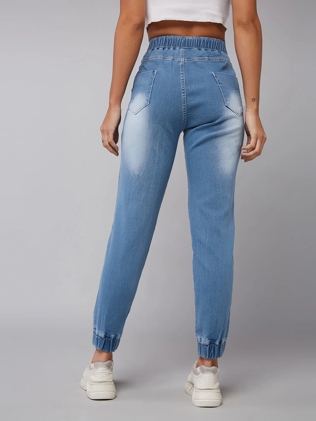 Women's Light Blue Solid Mid Rise Stretchable Denim Jogger Pants Curved Waistline