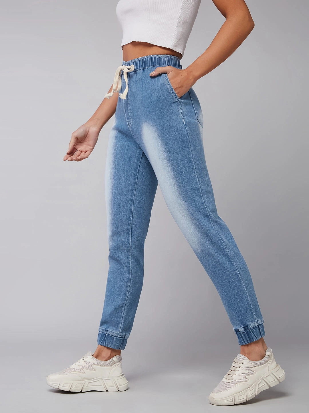 Everyday Comfort Fit Women's Light Blue Solid Mid Rise Stretchable Denim Jogger Pants