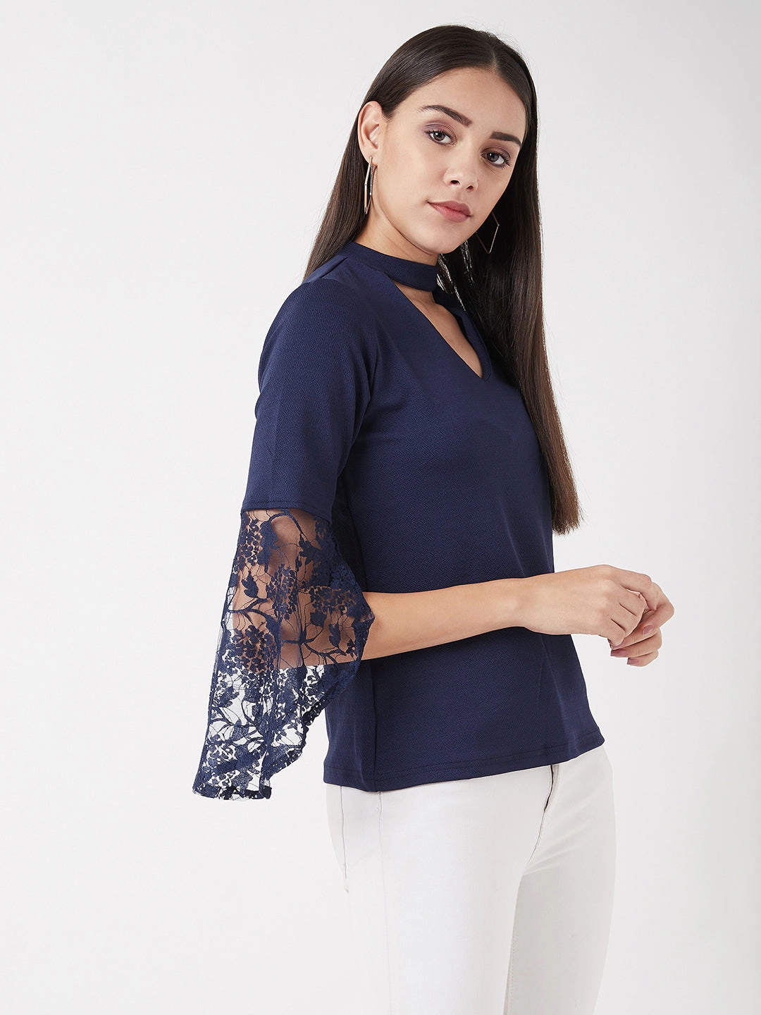 Women's Navy Blue Round Neck 3/4 Sleeve Solid Lace Semi Sheer Split Sleeve Choker Style Top NonChafe Tag Placement DurableReinforcement