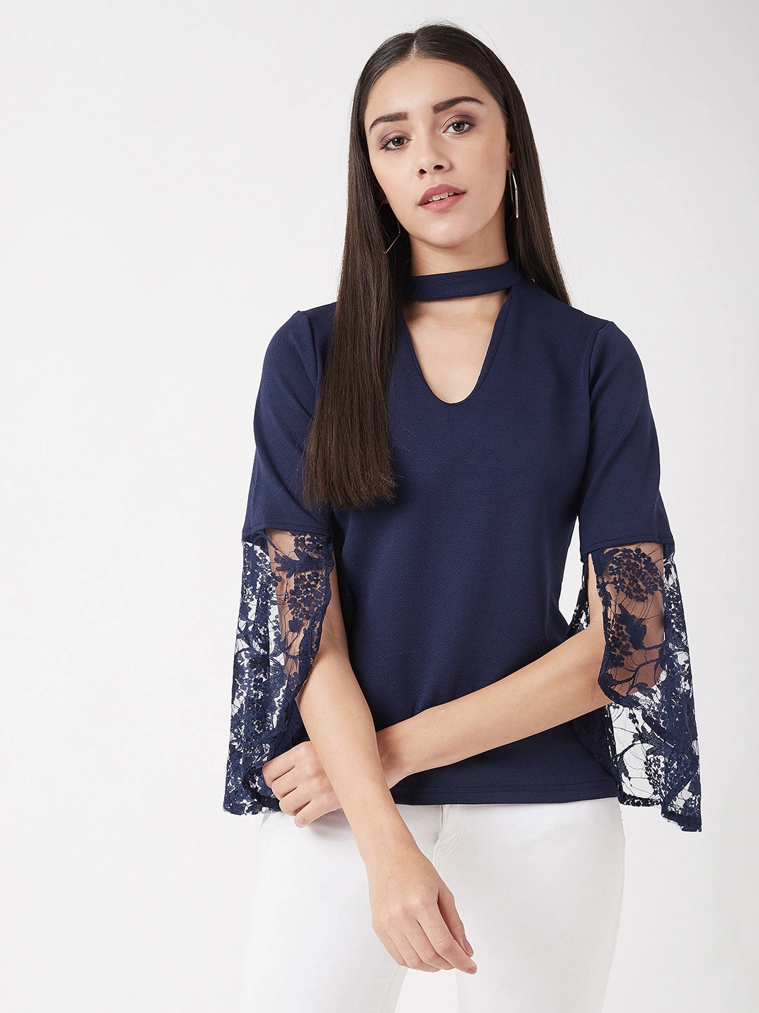 Women's Navy Blue Round Neck 3/4 Sleeve Solid Lace Semi Sheer Split Sleeve Choker Style Top Slim Silhouette