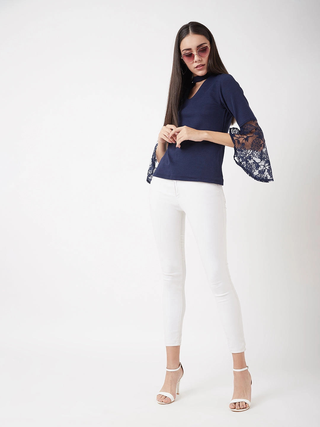 Contrast Stitching Convertible Design Women's Navy Blue Round Neck 3/4 Sleeve Solid Lace Semi Sheer Split Sleeve Choker Style Top