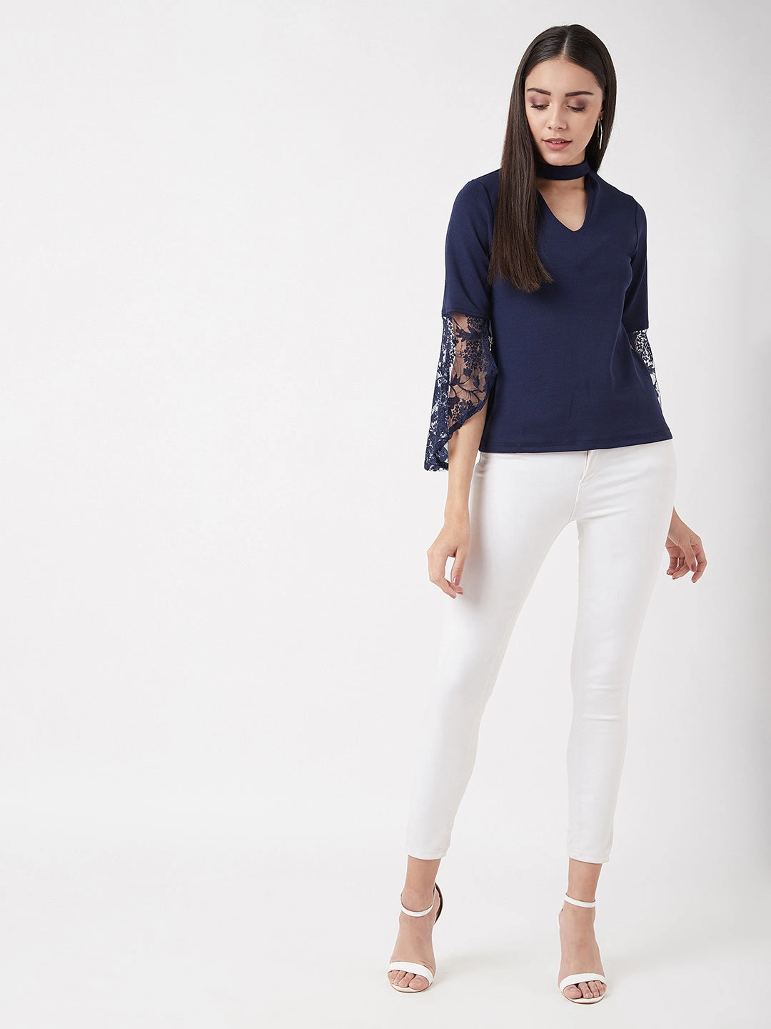 Fitted Shirt Women's Navy Blue Round Neck 3/4 Sleeve Solid Lace Semi Sheer Split Sleeve Choker Style Top