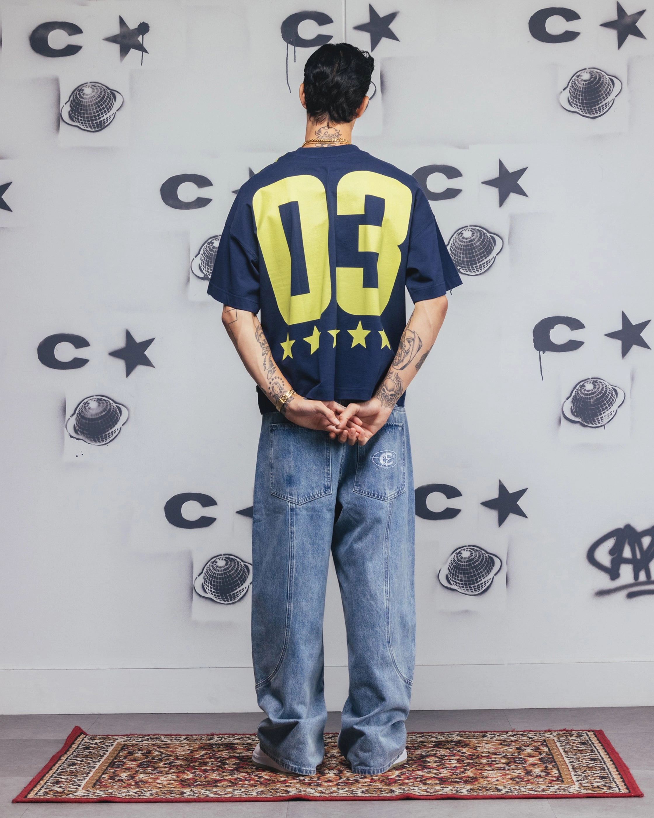 Multipurpose Layering Piece ReinforcedHems Carre Rally T-Shirt Navy/Yellow