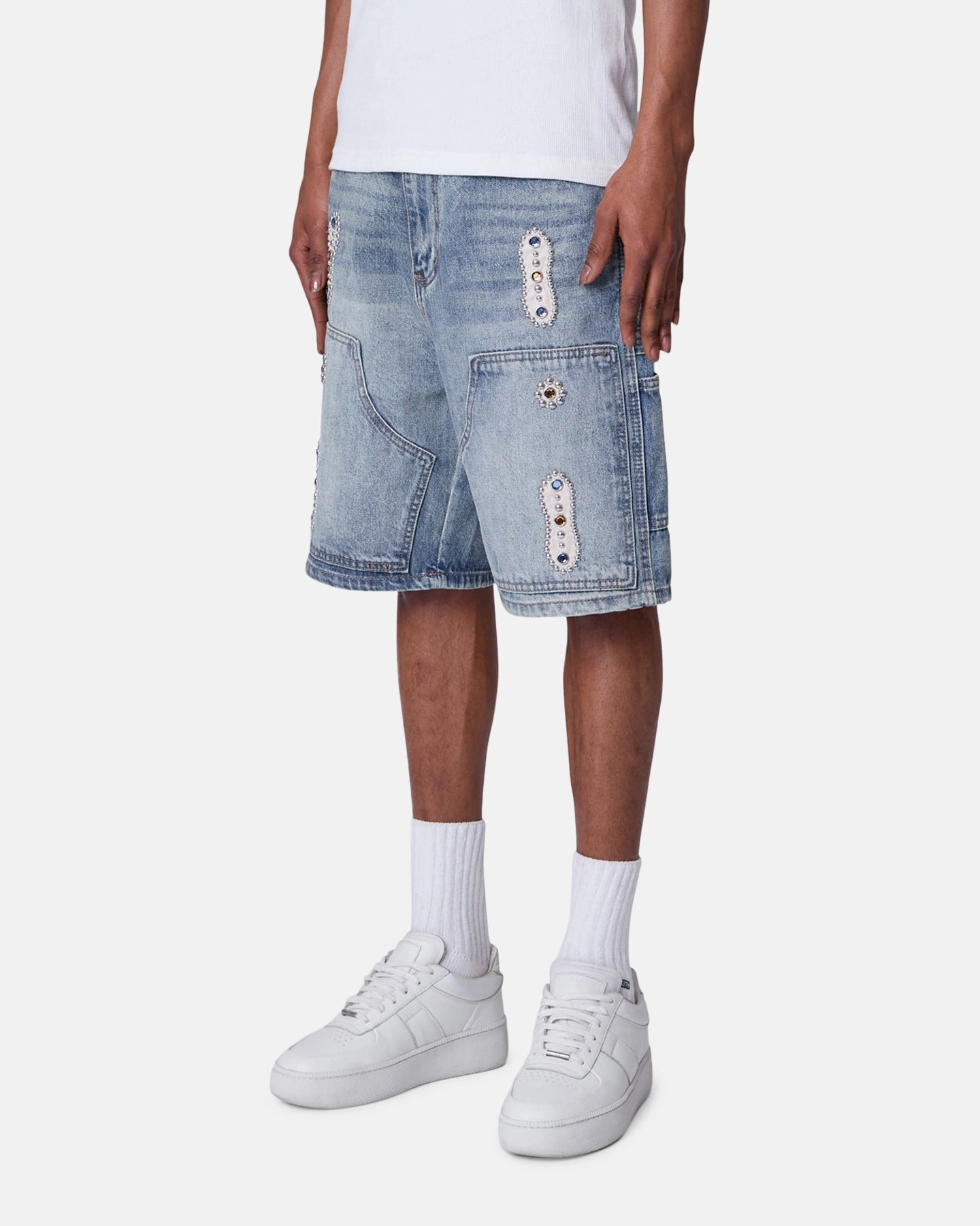 Non Slip Waistband MNML Double Western Jewel Denim Shorts Blue