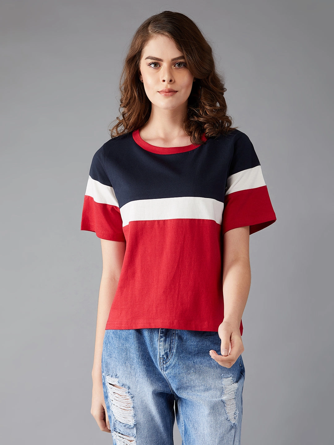 Drop Shoulder Anti Pilling Fabric Women's Red Round Neck Half Sleeve Paneled Solid Regular T-Shirt