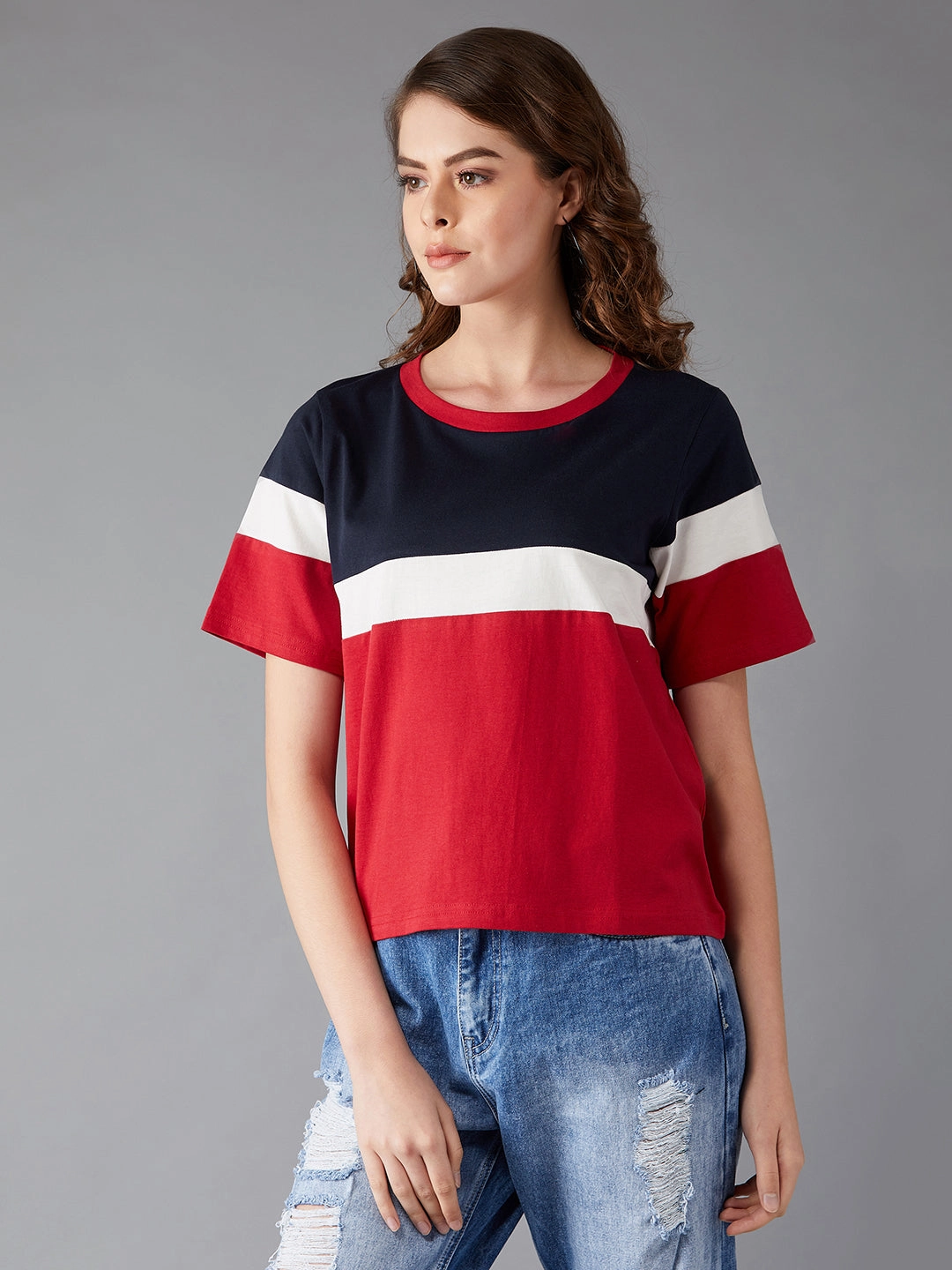 Women's Red Round Neck Half Sleeve Paneled Solid Regular T-Shirt UltraSoftLining Luxurious Feel