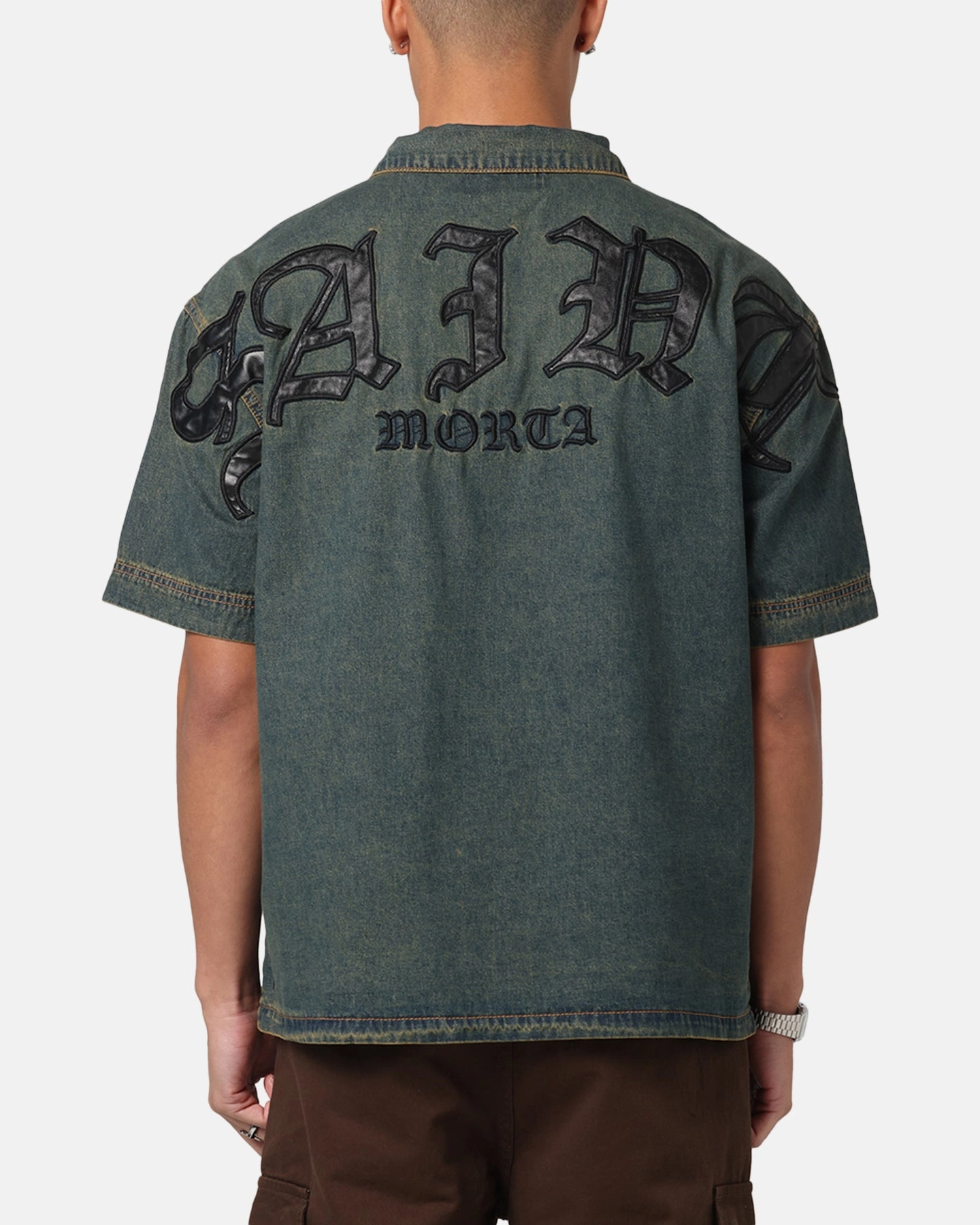 Saint Morta Gothic Noir Button Up Shirt Light Blue Seamless Design MidweightKnit