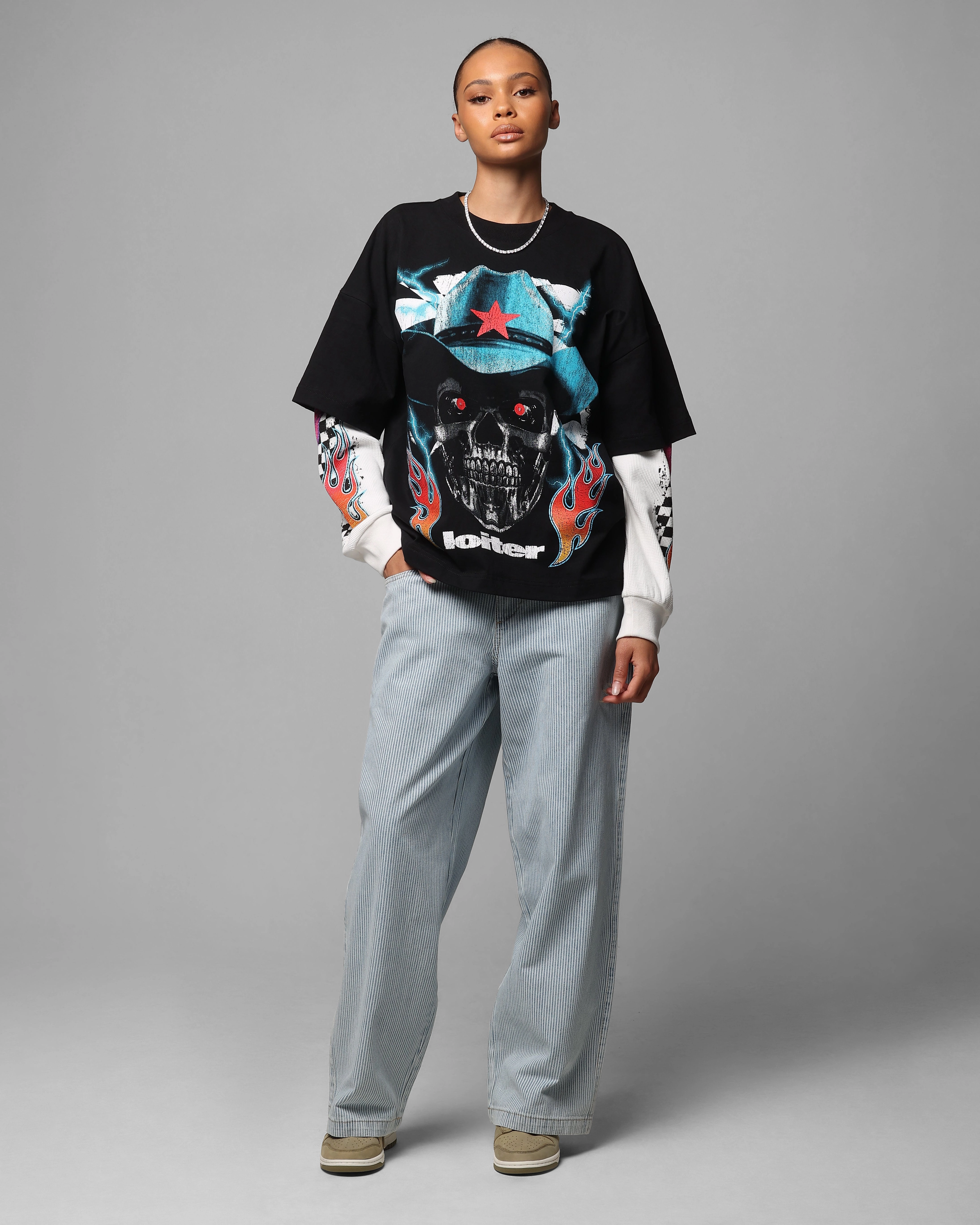 Multi Panel Construction Loiter Collateral Baggy Jeans Blue Pin Stripe