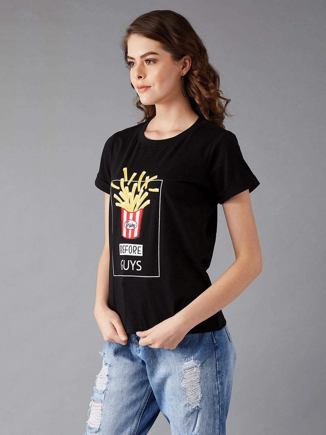 Women's Black Round Neck Short Sleeve Printed Basic Regular T-Shirt Interlock Stitching