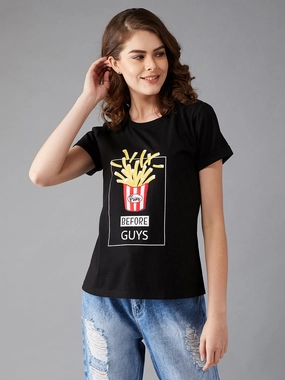 HypoallergenicFabric Women's Black Round Neck Short Sleeve Printed Basic Regular T-Shirt