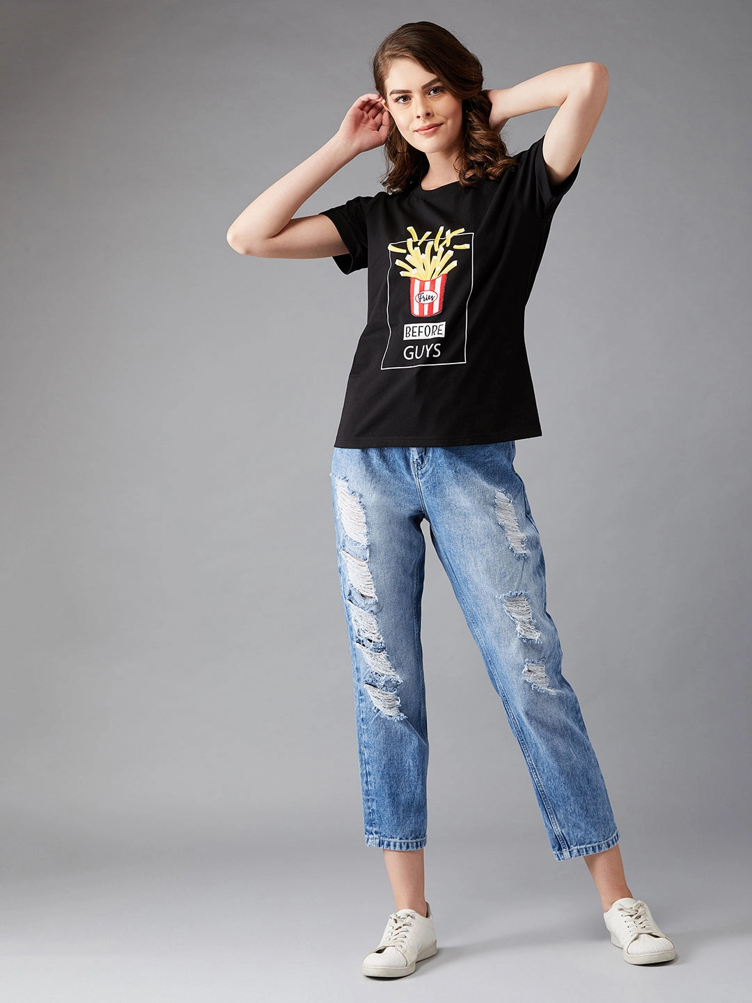 Women's Black Round Neck Short Sleeve Printed Basic Regular T-Shirt Relaxed Crew Neck Opening Convertible Sleeve Adaptation