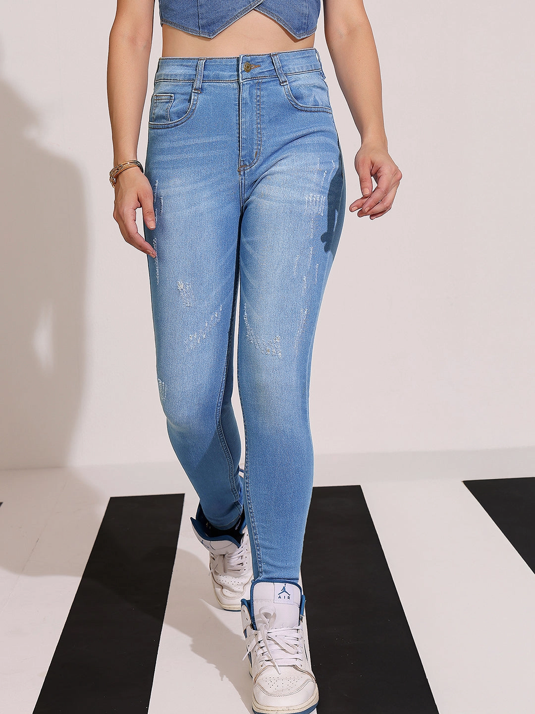 Work Friendly Sport Flex Women's Blue Skinny High Rise Mild Distress Regular Stretchable Denim Jeans