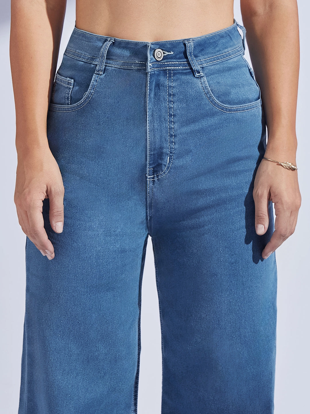 Daily Attire Women's Blue Wide-Leg High-Rise Stretchable Denim Jeans