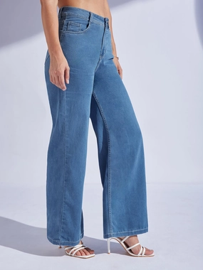 Women's Blue Wide-Leg High-Rise Stretchable Denim Jeans Simple Wear Versatile Outfit