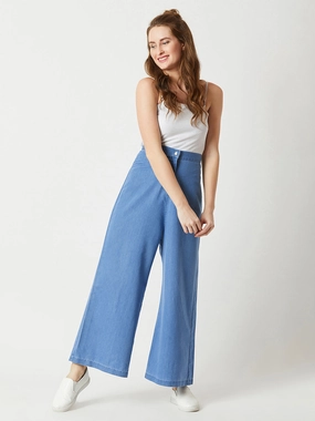 Go Everywhere Women's Blue Flared Wide-Leg High-Rise Non Stretchable Light Weight Denim Culottes Pants