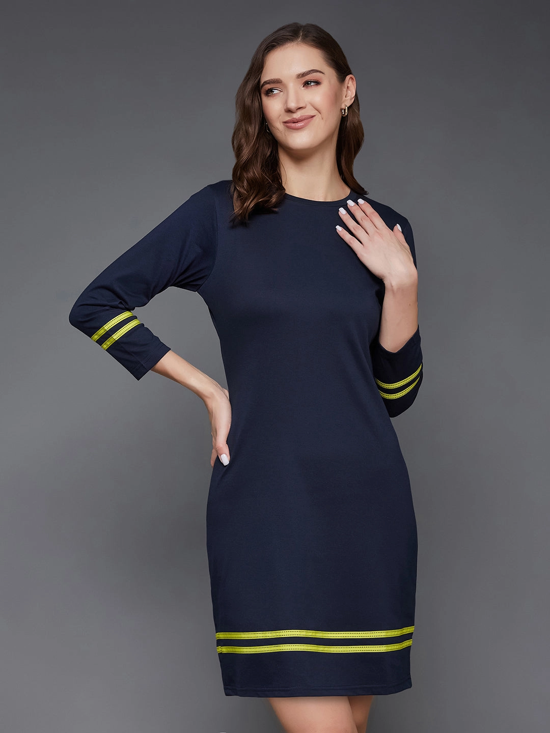Women's Navy Blue Round Neck 3/4 Sleeves Solid Shift Dress Lounge Feel