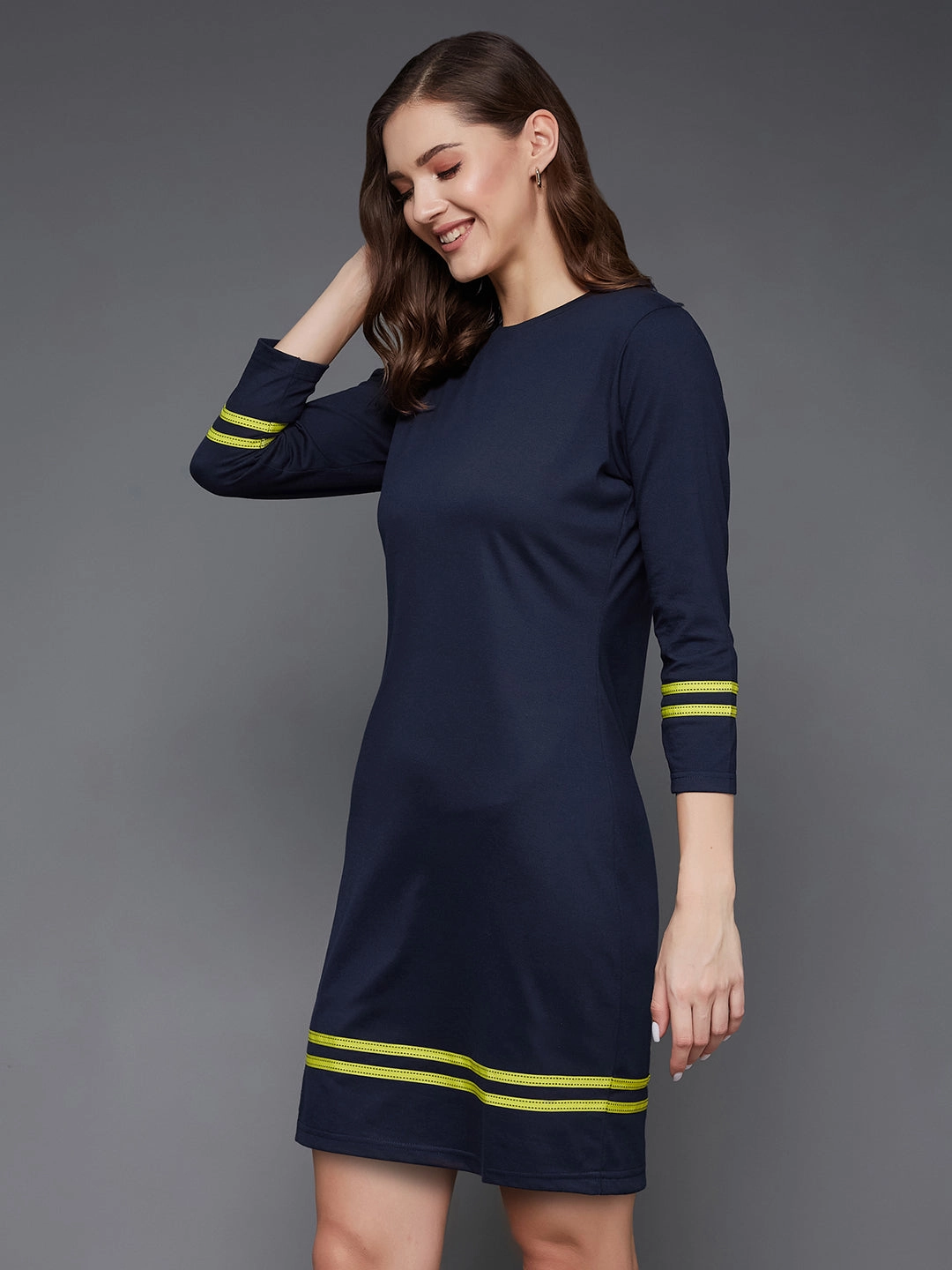 Women's Navy Blue Round Neck 3/4 Sleeves Solid Shift Dress Shimmer-Finish Jewel Accent