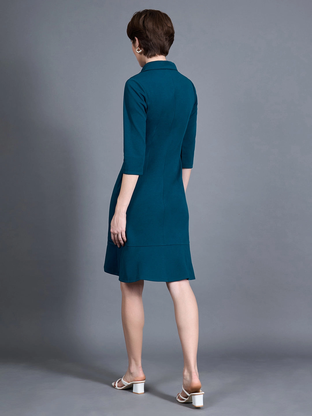 Women's Teal Solid Notched Collar 3/4 Sleeve Blazer Polyester Knee-Long Dress Empire-Waist