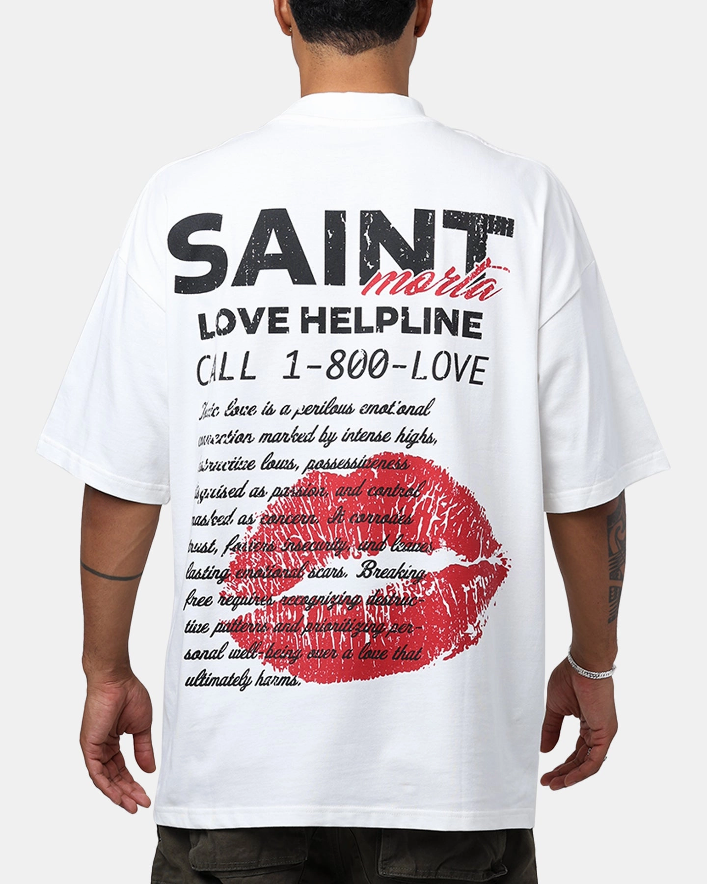 NonRestrictive Ribbed Collar Design Saint Morta Love Helpline Mock T-Shirt Off-White