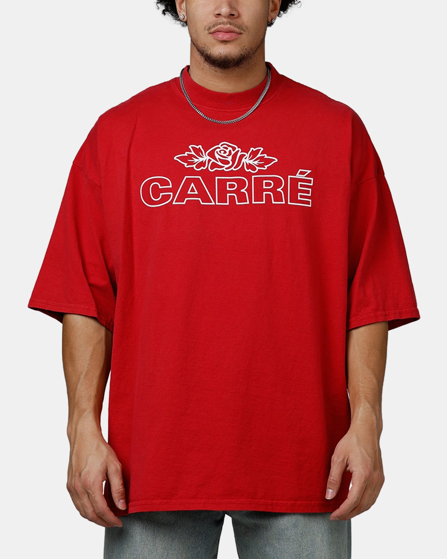 Roll Up Sleeve Design Carre Rosebud Drop T-Shirt Red