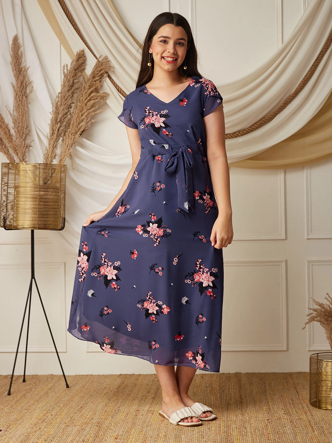 Bold-Color Bright Colors Multicolored Base Lavender V-Neck Short Sleeved Floral Pleated Midi Dress