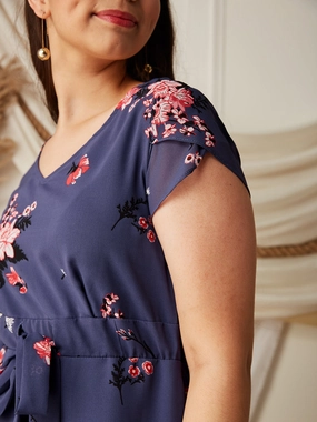 Multicolored Base Lavender V-Neck Short Sleeved Floral Pleated Midi Dress Hip-Flattering Sleek Look