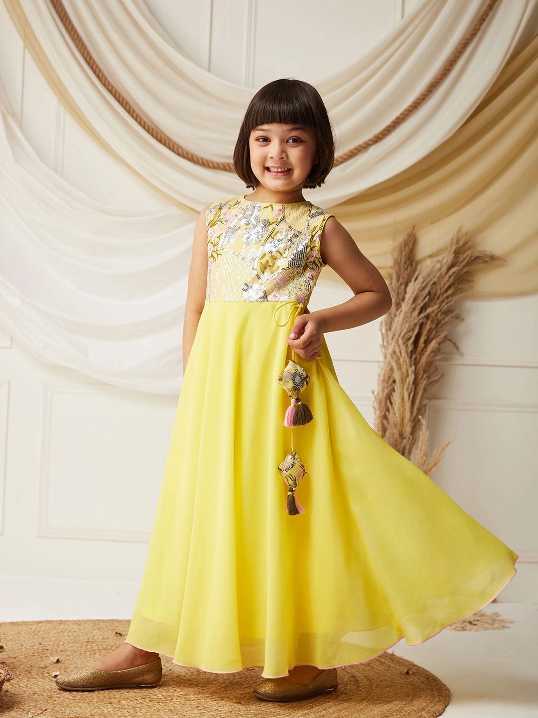 Multicolored-Base-Light Yellow Round-Neck Sleeveless Embellished Flared Polyester Maxi Dress Maximalist-Trend Ceremony Ready