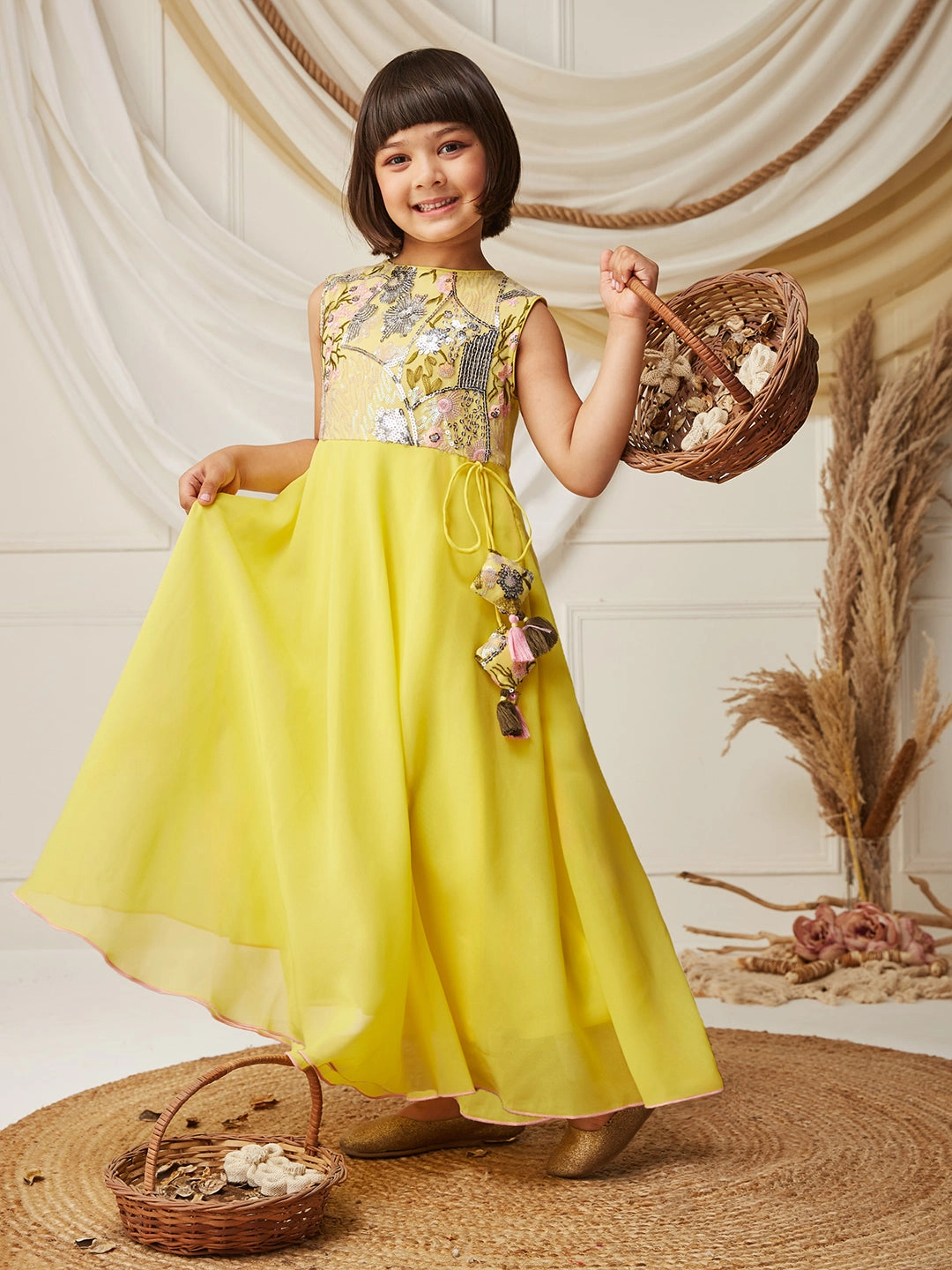 Multicolored-Base-Light Yellow Round-Neck Sleeveless Embellished Flared Polyester Maxi Dress Office Cool Bold Mood