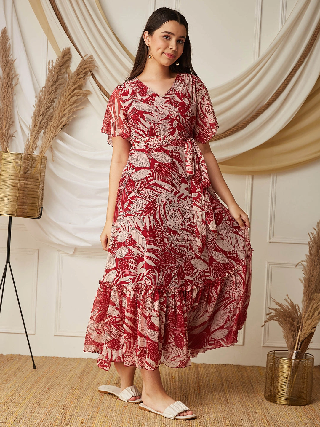 Curve Friendly Neutral Base Multicolored-Base-Maroon V Neck Flared Sleeve Floral Wrap Maxi Dress