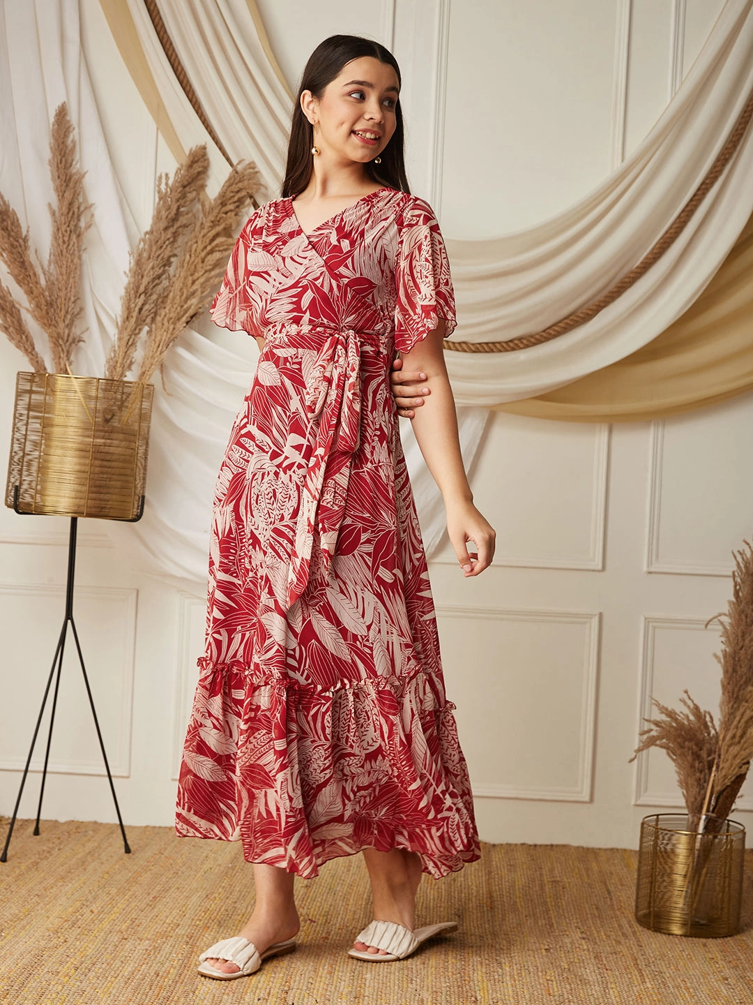 Sporty Look Smooth Blend Multicolored-Base-Maroon V Neck Flared Sleeve Floral Wrap Maxi Dress