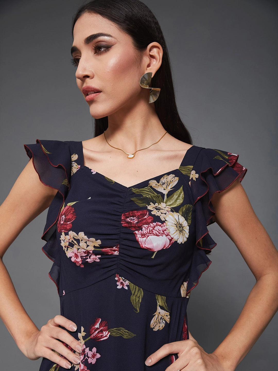 Multicolored Base Navy Blue Georgette Floral Maxi Ruching Dress Effortless Layering