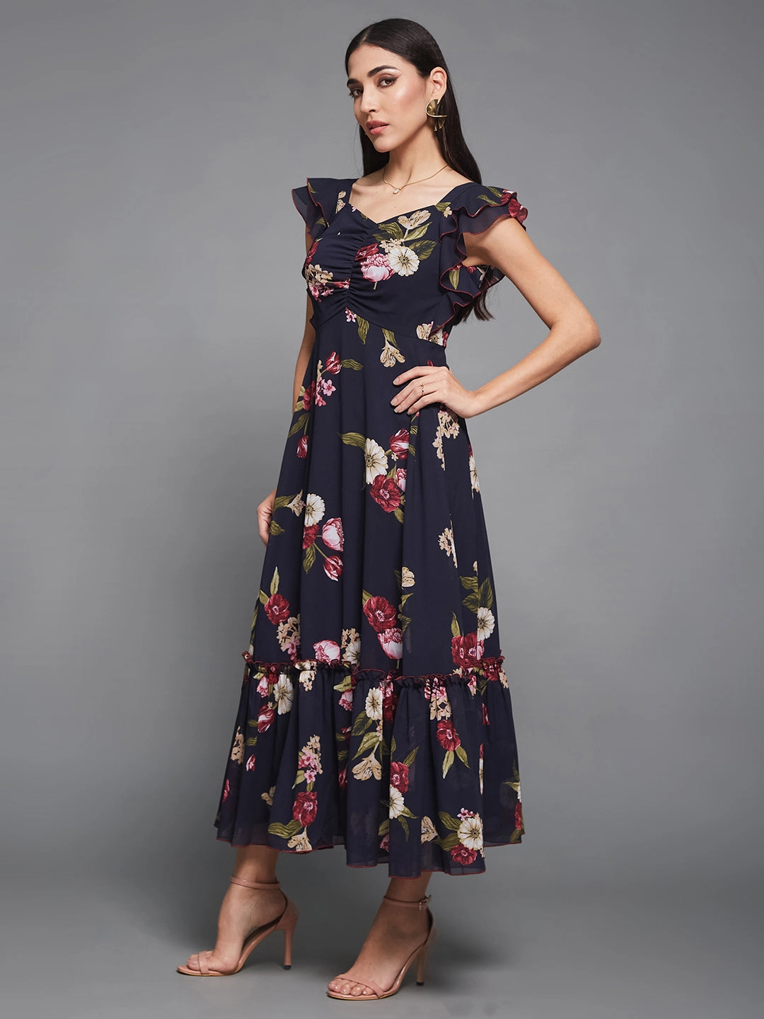Multicolored Base Navy Blue Georgette Floral Maxi Ruching Dress Trendy summer outfit